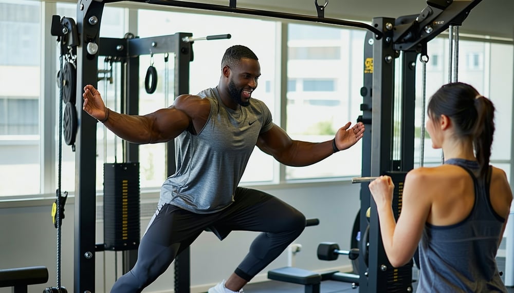 Personal trainer guiding client through functional fitness exercises